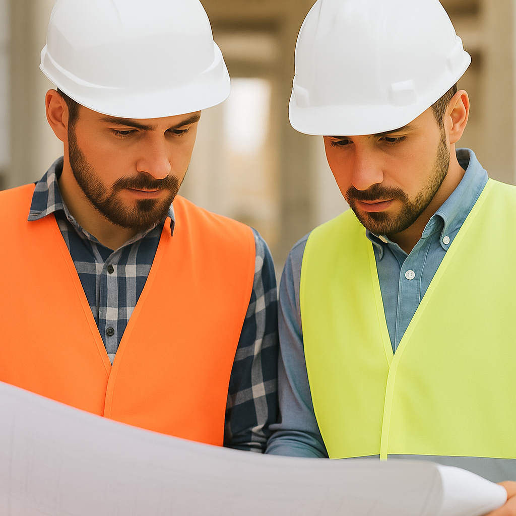 Builders and site manager reviewing construction drawings on site
