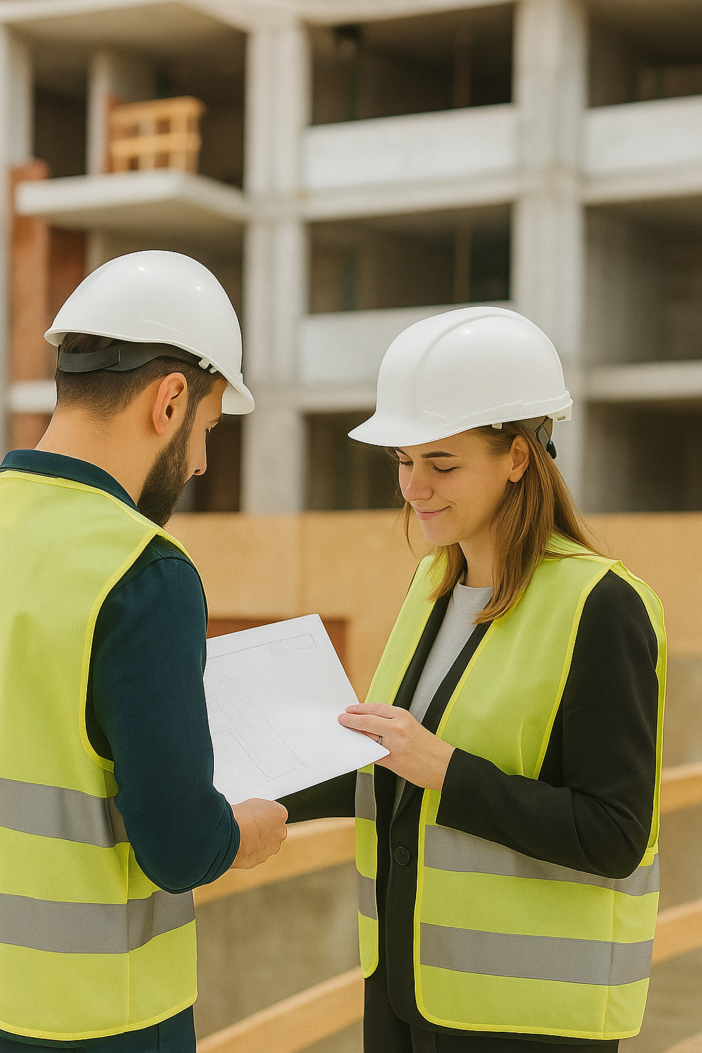 Developers reviewing building plans with engineering advisor